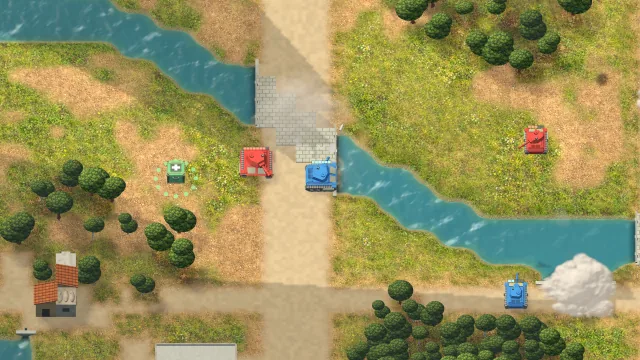 Blue and red tanks exchange fire in a sunny riverside village.