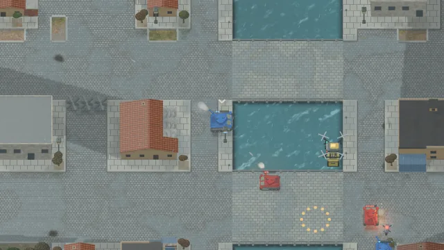 A tank battle on rain-soaked streets beside the canals.