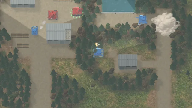 Tanks fight among timber sheds and pine groves in the mist.