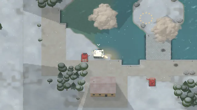 Blue and red tanks fight on a snowy lakeshore during snowfall.