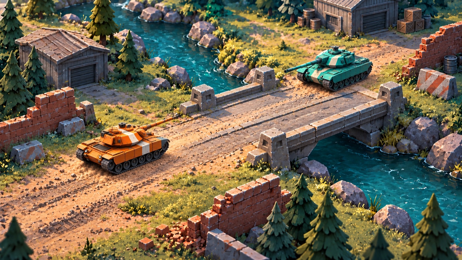 Small orange and teal modern tanks aim at each other from opposite approaches to a river bridge, illustrated in an arcade style.